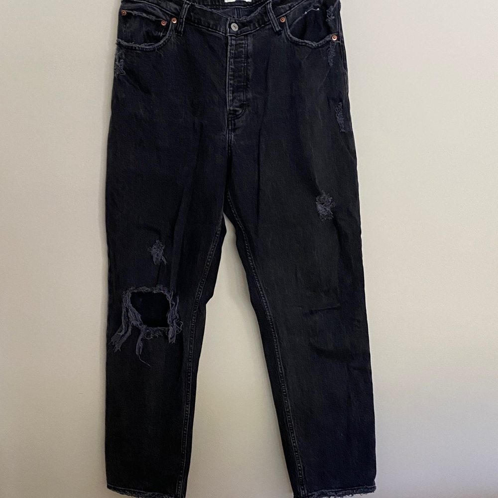 Abercrombie & Fitch The Dad High Rise Black wash Distressed Relaxed Jeans sz 14R